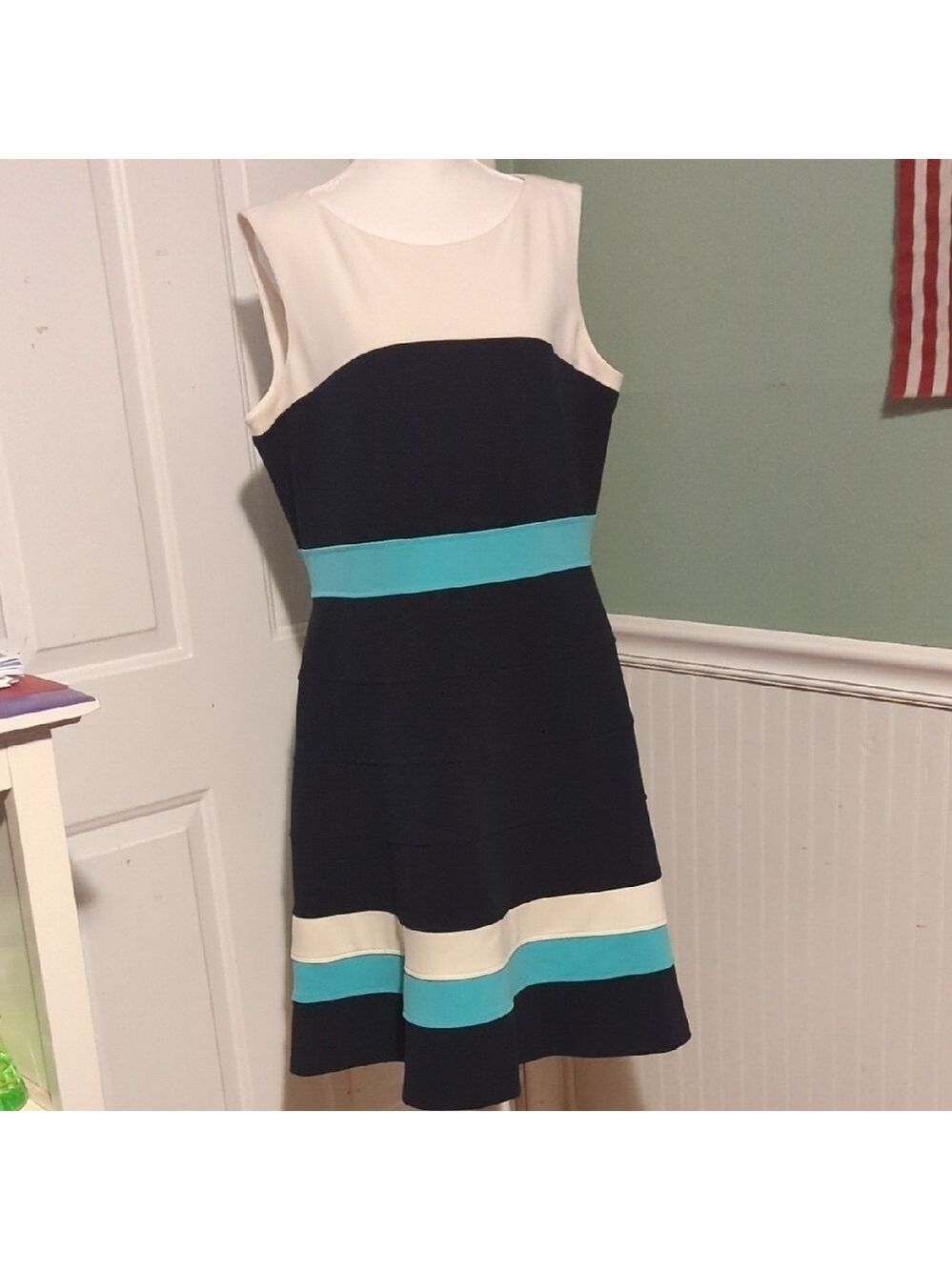 Tommy Hilfiger A Line Dress Navy Teal Cream Size 16 - Picture 2 of 14